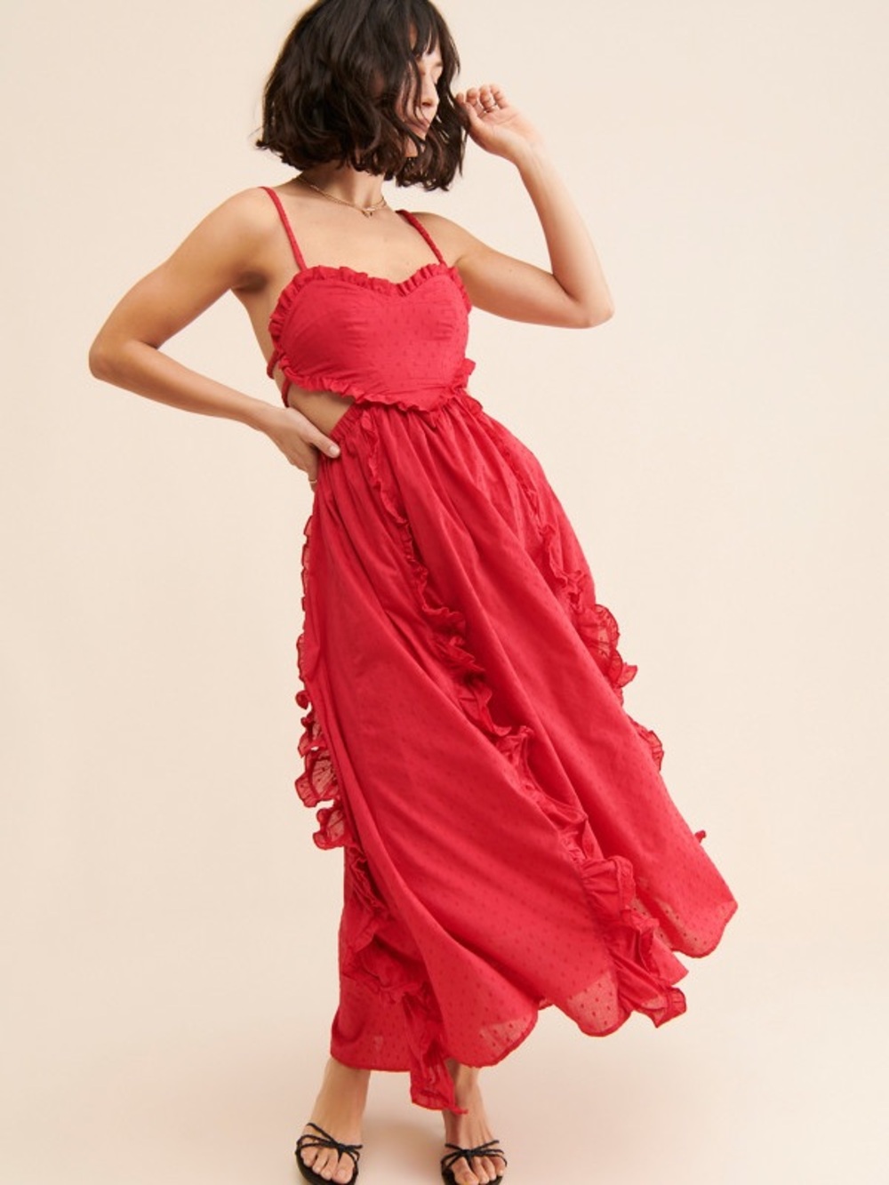 100% Cotton FARM Rio Scarlet Ruffle Cutout Maxi Dress